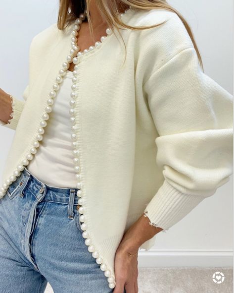 Beautiful ivory white pearl button cardigan sweater from Vita Grace! 2025 Wardrobe, Beaded Cardigan, Winter Vest, Estilo Chic, Long Midi Dress, White Cardigan, Yoga Shorts, White Sweater, Denim Jumpsuit