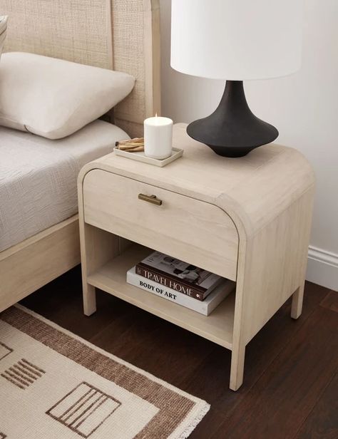 Coveted and Unique Nightstand and Bedside Table Styles – Lulu and Georgia Beautiful Bed Designs, Bedside Table Styling, Bedroom Nightstands, Airy Bedroom, Nightstand Decor, Wooden Bedroom, Bed Design Modern, Wood Bedside Table, Lulu And Georgia