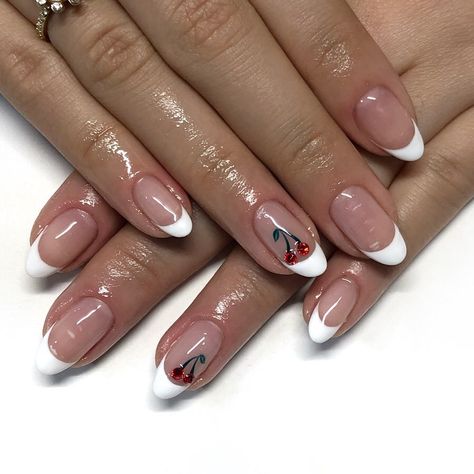 Victoria Houllis on Instagram: “🍒 super cute “gemmie” cherries and classic French tips 🍒 #MHfrench #cherrynails” Cherry Nails Acrylic French Tip, Cherry Gem Nails, French Tip Nails With Cherry Design, French Tip With Cherry, French Tip Nails Cherry, French Tip Acrylic Nails Cherry, French Tips With Cherry Design, Cherry French Tips, Almond French Tip Nails With Cherries