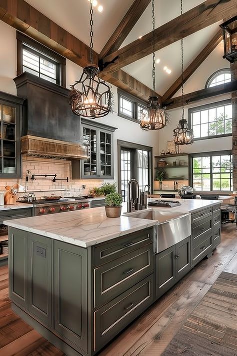 Choose the Perfect Color for Your Farmhouse Kitchen Cabinets - Quiet Minimal Modern Kitchen Design Farmhouse, Brown Farmhouse Kitchen Cabinets, White Kitchen Inspo Farmhouse, Farmhouse Luxury Kitchen, Barndominium Kitchen Cabinet Colors, Big Modern Farmhouse Kitchen, Cottagecore Kitchen Color Scheme, Modern Kitchen With Big Island, Large Islands In Kitchen With Seating