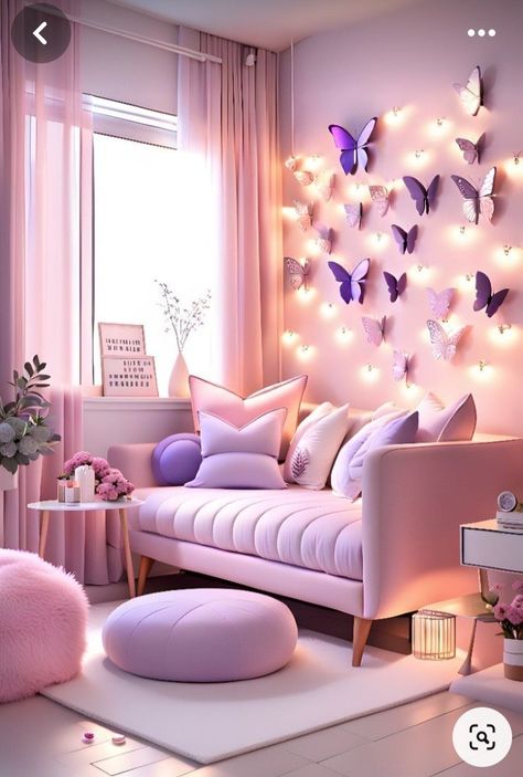 Purple Room Wall Ideas, Soft Purple Bedroom Ideas, Butterfly Living Room Ideas, Living Room With Pink Walls, Pink And Purple Home Decor, Purple Room For Girls Bedrooms, Pink And Purple Room Ideas Bedrooms, Purple Butterfly Room Ideas, Butterfly Wall Paint