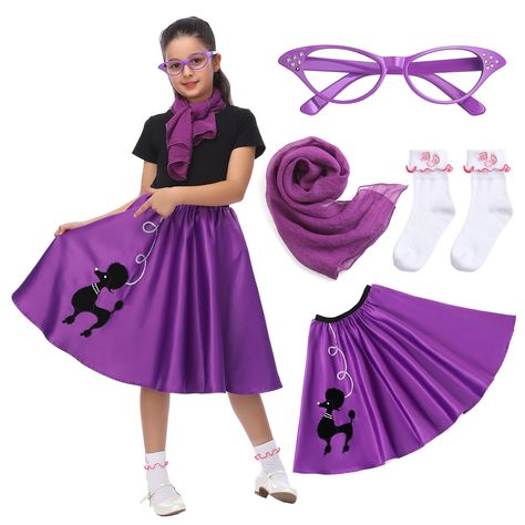 PRICES MAY VARY. Polyester Pull On closure Machine Wash 🧣 Kids Sock Hop Outfit Included---A girls poodle skirt, a pair of glasses frames, a soft silky scarf, and a pair of lace white socks. This girls 1950s costume dress does not include a top, but this poodle skirt is very versatile, it could be matched with t-shirts, jackets, sweaters, shirts etc, just as your girls like. 🧣 Fabric & Details Of The Sock Hop Costume---The poodle skirt is made of 100% polyester fibre, high-quality materials and Kids Sock Hop Outfit, Skirt With Scarf, Sock Hop Outfits, Girls Poodle Skirt, Sock Hop Costumes, 1950s Poodle Skirt, 1950s Outfit, Poodle Skirt Costume, Poodle Skirt Outfit