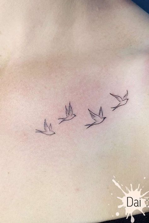 Infinity Tattoo With Birds Flying, 5 Bird Tattoo, Freebird Tattoo Ideas, Bird Tattoo With Words, Small Birds Tattoos For Women, Sparrow Wrist Tattoo, Simple Flying Bird Tattoo, 6 Birds Tattoo, Flower Tattoo Thick Lines