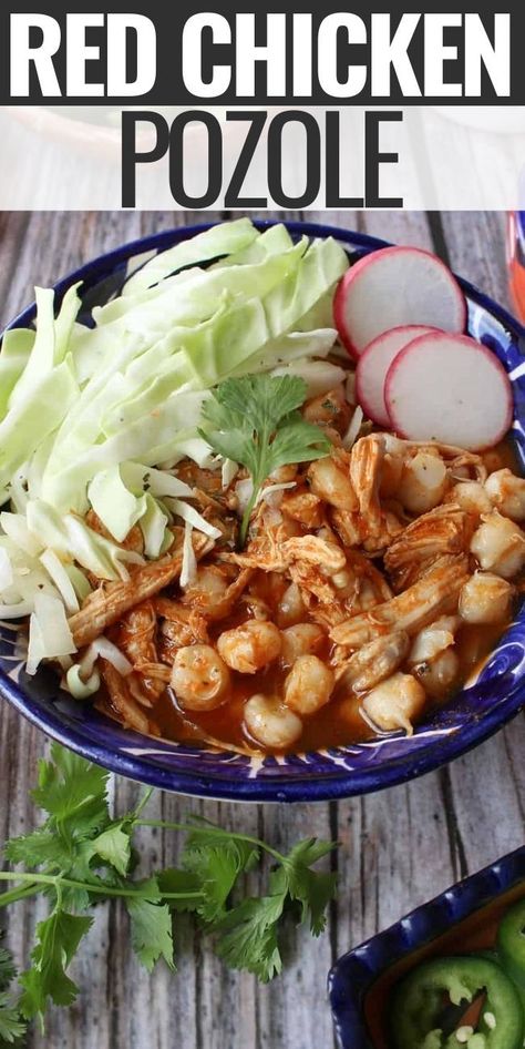 Pazole Soup Mexican Posole Instant Pot Chicken, Pasole Recipe Chicken Red, Chicken Pozole Rojo Recipe, Chicken Posole Crockpot, Chicken Poloze Soup, Chicken Red Pozole Recipe, Red Chicken Posole Recipes, How To Make Chicken Pozole, Pozole With Enchilada Sauce