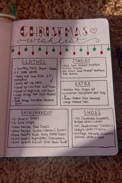 Christmas's List Ideas, Cute Christmas Wish List Ideas On Paper Aesthetic, Things To Get On Christmas, Christmas Wish List Paper Ideas, How To Organize Your Christmas List, Christmas Wish List Ideas Paper, Christmas’s Wish List Ideas, Thing To Ask For Christmas Ideas, Xmas Wishlist Ideas Paper