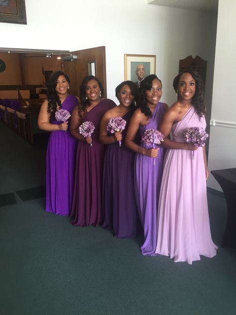 Ombré purple bridesmaid dresses. Beautiful. DIY bouquets White And Purple Bridesmaid Dresses, Purple Bridesmaid Dresses Uk, Ombre Purple Bridesmaid Dresses, Purple And Gold Wedding Theme Bridesmaid, Maid Of Honor Dress Purple, Purple Wedding Bridesmaid Dress, Purple And Blue Bridesmaid Dresses, Purple Maid Of Honor Dress, Purple Wedding Dress The Bride