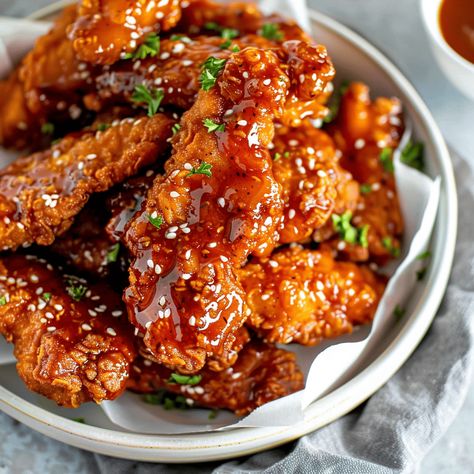 Experience the perfect blend of sweet and spicy with "Sweet Heat: Hot Honey Chicken Tenders." These crispy chicken tenders are coated in a delectable hot honey glaze that will tantalize your taste buds. Ideal for Sweet Heat Chicken Tenders, Honey Hot Chicken Tenders Recipe, Honey Glaze For Chicken, Homemade Crispy Chicken Tenders, Hot Honey Chicken Tenders Air Fryer, Saucy Chicken Tenders, Honey Glazed Chicken Tenders, Chicken Tender Meals, Sweet And Spicy Chicken Tenders