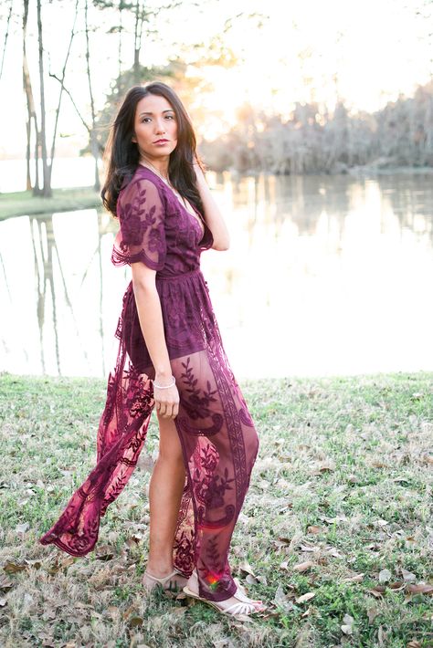 Beautiful long lace maroon dress. Burgendy Dress, Dress For Pictures, Lace Maxi Romper, Olivia Rink, Maroon Lace Dress, Unique Bridesmaid Dresses, Maxi Romper, Beach Maxi Dress, Girl Talk