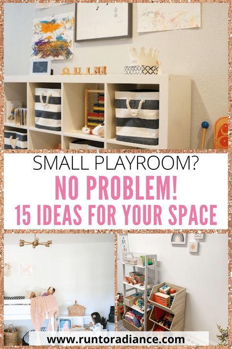 15 Small Playroom Ideas For Any Space & Budget Play Room For Kids At Home Boys, Toys Storage Ideas For Small Spaces, Very Small Playroom Ideas, Play Area Storage Ideas, Loft Toy Room Playroom Ideas, Split Playroom Ideas, Toy Room Living Room Combo, Upstairs Loft Playroom Ideas, 10x10 Playroom Layout