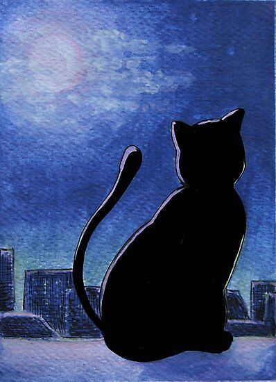 “Cities, like cats, will reveal themselves at night.” is a quote from Rupert Brooke that i found online and it kind of inspired me to draw this black cat staring at the city from the height of a roof. I painted it in watercolor and i redraw the cat in digital with graphic tablet to give… • Millions of unique designs by independent artists. Find your thing. Black Cat Silhouette Painting, City At Night Painting Easy, Representational Art Drawings, Cat Silhouette Drawing, Black Cat Painting Easy, Black Cat Drawing Simple, Black Cat Sketch, Rupert Brooke, Cat Staring