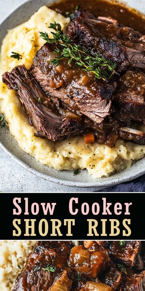 Cooked low and slow to perfection, these tender, fall-off-the-bone ribs are infused with rich flavors that will leave everyone asking for seconds. Perfect for busy weeknights or special gatherings! 🍽️ Ready to savor tender, delicious short ribs? Gather your ingredients and start cooking these Slow Cooker Short Ribs tonight! Your family will love you for it! #SlowCookerShortRibs #ComfortFood #EasyRecipes #DinnerIdeas #BeefRecipes #SlowCooking #MeltInYourMouth #SavoryDelights #HeartyMeals Short Rib Recipes Crockpot, Short Ribs Crock Pot, Slow Cooker Beef Short Ribs, Slow Cooker Short Ribs, Slow Cooker Ribs Recipe, Cooking Short Ribs, Short Ribs Slow Cooker, Beef Ribs Recipe, Beef Short Rib Recipes