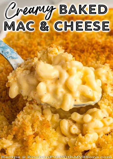 This Baked Mac and Cheese is the ultimate comfort food and a guaranteed family favorite! Macaroni is mixed with a rich and ultra creamy cheese sauce then covered with a buttery crisp topping. The most requested side dish for the Holidays! Poblano Macaroni And Cheese, Fanny Farmer Mac And Cheese, Mac N Cheese Casserole Recipes, Mac In Cheese Recipes, Decadent Macaroni And Cheese, Mac And Cheese Oven Recipe, Crowd Size Macaroni And Cheese, Creamiest Baked Mac And Cheese, Extra Creamy Mac And Cheese Recipe