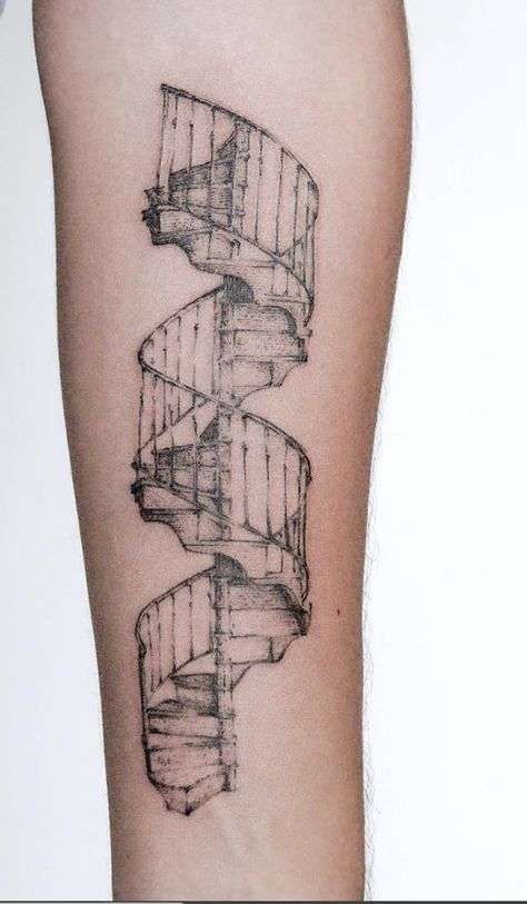 5 Unique Tattoo Ideas For Design And Architecture Lovers #architecture #detailedtattoos #tattooinspo #geometry #structure #perfection Spiral Staircase Tattoo Design, Deconstructed Tattoo Ideas, Tattoo Of Buildings, Tattoos For Interior Designers, Fine Line Architecture Tattoo, Interior Design Tattoo Ideas, Historical Art Tattoo, Arcitechture Tattoos, Architectural Tattoo Ideas