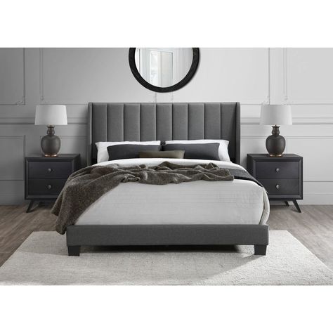 Grey Queen Bed Frame, Gray Bedroom Ideas For Couples, Grey Bedframe Bedroom Ideas, Gray Upholstered Bed Decor Ideas, Gray Walls Bedroom Ideas, Charcoal Grey Bedroom Ideas, Grey Upholstered Bed Bedroom, Grey Floor Bedroom Ideas, Dark Headboard Bedroom Decor