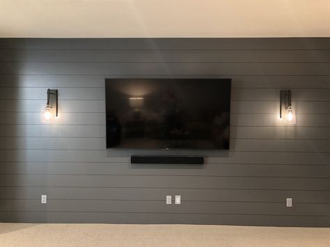 DBC Home Shiplap on TV wall Simple Basement Tv Wall, Accent Tv Wall Basement, Tv With Shiplap Wall, Shiplap Wall In Basement, Wall Hung Tv Ideas, Living Room Shiplap Accent Wall With Tv, Shiplap Wall With Lights, Tv Wall With Shiplap, Shiplap In Basement