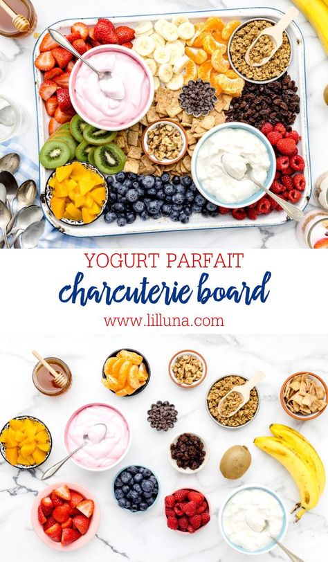 Yogurt Board Ideas, Yogurt Display Ideas, Christmas Yogurt Parfait Bar, Yogurt Parfaits For A Crowd, Mini Fruit And Yogurt Parfait, Individual Yogurt Parfaits Brunch Ideas, Breakfast Fruit Board, Yoghurt Parfait Bar, Fruit And Yogurt Charcuterie Board