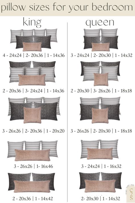 Pillow Sizing Guide 4 Top Of Bed Wall Decor, Pillows For King Bed, Art Above Nightstand, How To Layer A Bed Like A Designer, King Bed Pillow Arrangement, Bedroom Pillows Arrangement, Bed Pillow Arrangement, Moody Room, Layered Bedding