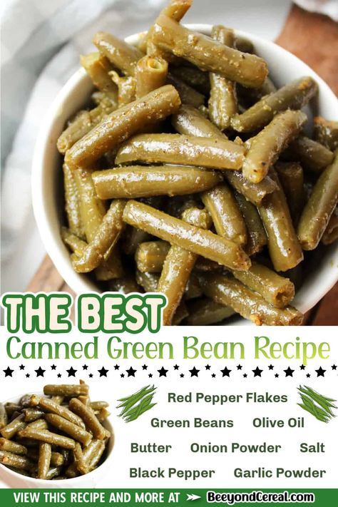 This is the BEST canned green bean recipe because it's cheap, easy, and pretty quick too! Perfect for a fast and simple side dish to complement any meal. Best Canned Green Beans Recipe, Spicy Canned Green Beans Recipe, Spicy Green Beans Canned, Keto Canned Green Bean Recipes, How To Jazz Up Canned Green Beans, Green Bean Easy Recipe, Slow Cooker Canned Green Beans, Ways To Cook Canned Green Beans, Make Canned Green Beans Taste Better