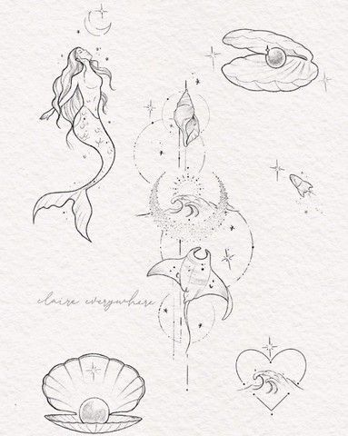 Outline Ocean Tattoo, Marine Biology Inspired Tattoos, Pearl Fine Line Tattoo, Manta Ray Moon Tattoo, Mermaid With Pearls Tattoo, Claire Everywhere Tattoo, Mermaid Line Art Tattoo, Fine Line Pearl Tattoo, Mermaid Tattoo Aesthetic