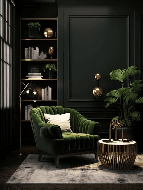 Dark Living Room Ideas, Green Sofa Living, Dark Green Living Room, Green Sofa Living Room, Moody Living Room, Deco Living Room, Art Deco Living Room, Dark Living Rooms, Black Living Room