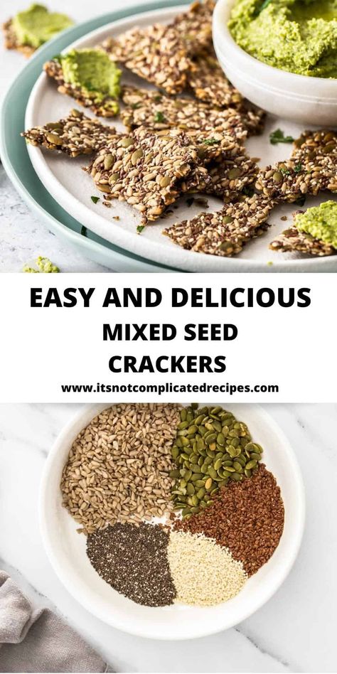 These easily made Mixed Seed Crackers are a great healthy snack to enjoy throughout the day, served with a dip or as a delicious addition to a cheese platter. The crispy crackers are packed with a variety of nutritious seeds, held together with water and seasoned with salt. They are vegan and gluten-free, full of flavour and great texture. Homemade Seed Crackers, Gluten Free Cracker Recipe, Seed Crackers Recipe, Homemade Crackers Recipe, Seeded Bread Recipes, Cracker Recipe, Complicated Recipes, Savoury Crackers, Seed Crackers