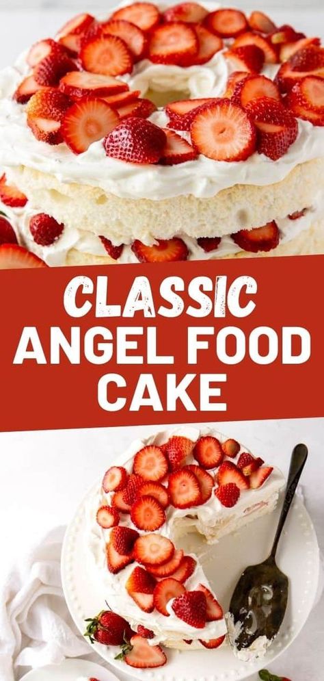 Angel Food Cake With Strawberries And Whip Cream, Angel Food Cake With Strawberries And Vanilla Pudding, Angel Food Cake With Frosting, Angel Food With Strawberries, Decorate Angel Food Cake, Strawberry Shortcake With Angel Food Cake, How To Make Angel Food Cake, Fruit Angel Food Cake Desserts, Angel Food Cake Recipes Strawberry