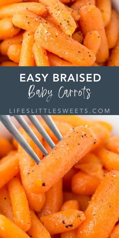 These Easy Braised Baby Carrots are a great side dish with dinner. They are tender and savory and seasoned simply with salt, pepper, and butter. (vegan option) #easy #healthy #vegan #vegetarian #simple #sides Carrot Side Recipes, How To Cook Raw Carrots, Butter Poached Carrots, Buttered Carrots Stovetop, Boiled Baby Carrots, Butter Carrots Stovetop, Quick Carrot Recipes, How To Cook Baby Carrots, Braised Carrots Recipe