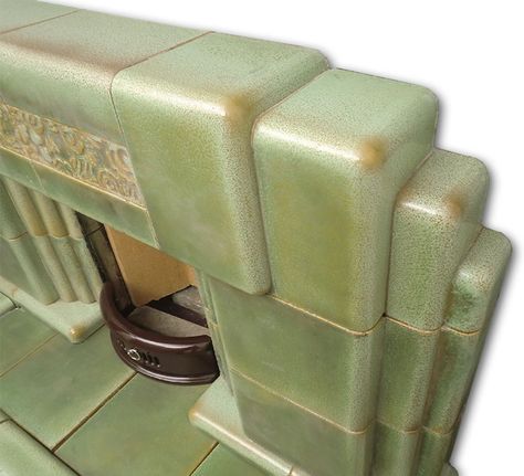 1930s Art Deco Interiors, Art Deco Fireplace Ideas, Unusual Fireplaces, Art Deco Fireplace Surround, 1920 Decor, 1920s Fireplace, Fireplace Step, Green Fireplace, Faux Fireplaces