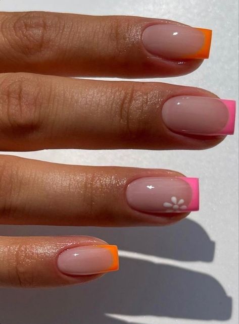 Pink Tip French Manicure Square, French Pink And Orange Nails, Preppy Nails Summer French Tip, Colour French Tips Nails Square, Colored French Nails Square, Fun French Nails Square, Holiday Nails Summer 2023 Pink, Basic Nail Ideas Short Summer, Coral Pink French Tip Nails