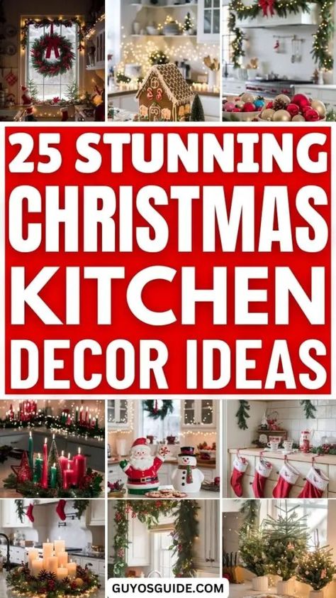 25 Stunning Christmas Kitchen Decor Ideas to Try This Season Decoration For Top Of Cabinets, Christmas Kitchen Display, Decorating With Fruit For Christmas, Christmas Decor For Countertops, Christmas Garland Over Kitchen Cabinets, Christmas Decoration Kitchen Cabinets, Christmas Decor Ideas Above Kitchen Cabinets, Kitchen Garland Ideas, Above Fridge Christmas Decor