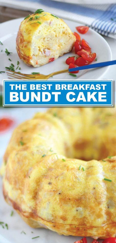 The BEST Breakfast Bundt Cake Recipe! For brunch or just a yummy breakfast for your family, this easy egg dish baked in a beautiful bundt cake pan will leave everyone full and happy! A great breakfast idea for the holidays too. Breakfast Bundt Cake With Eggs, Easy One Dish Breakfast, Egg Casserole In Bundt Pan, Bunt Breakfast Casserole, Egg Bundt Casserole, Brunch Bundt Cake, Auntie May's Breakfast Bundt Cake, Springform Pan Recipes Breakfast, Eggs Brunch Recipes