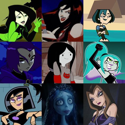 Black Haired Movie Characters, Weird Girl Characters, Horror Movie Cartoon Characters, Nickolodian Characters 90s, Gothic Characters Movies, Niche Cartoon Characters, Dark Haired Characters For Halloween, Black Haired Costume Ideas, Halloween Costumes Women With Black Hair