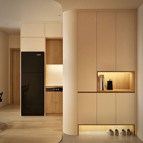 P R O J E C T 7 1 9 on Behance Corridor Wardrobe Design, Corridor Cabinet, Interior Design Shoes Cabinet, Foyer Design Shoe Cabinet, Shoes Cabinet Ideas, Entrance Cabinet Design, Japandi Cupboard, Curved Cabinet Design, Shoes Cabinet Design Entrance Entryway