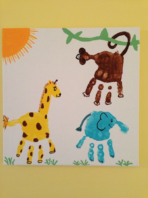 Jungle Animal Handprints, Hand Print Zoo Animals, Jungle Animal Handprint Art, Hand Print Jungle Animals, Hand Print Animals Preschool, Wild Animals Art Preschool, Animal Footprints Art, Zoo Handprint Animals, Animals With Hand Prints