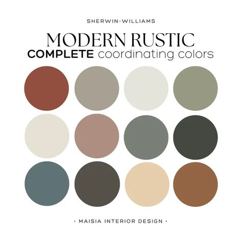 Sherwin Williams Color Palette MODERN RUSTIC Color Palette Whole House Paint Color Rustic Modern Paint Palette Whole Home Palette Idea - Etsy Rustic Home Colour Palettes, Modern Rustic Colors Palette, Black Paint Color Palette, Earthy Office Colors, Rustic Modern Paint Palette, Modern Rustic Palette, Whole House Aesthetic, Paint Colors That Go With Rust Color, Complementary Paint Colors