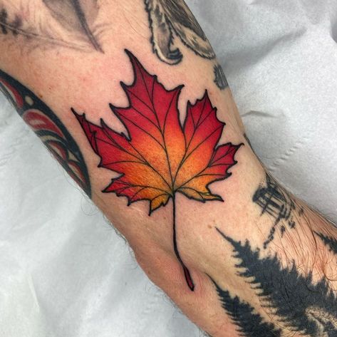 Sophie Annison on Instagram: “Never get bored of tattooing leaves 🍁 thank you Joe! . . . . . #leaf #leaftattoo #leavestattoo #mapleleaf #mapleleaftattoo #autumnleaf…” Traditional Tattoo Leaves, Leaf Tattoo Ideas, Maple Leaf Tattoos, Wolf Tattoo Forearm, Fall Leaves Tattoo, Small Wave Tattoo, Art Inspired Tattoos, Stars Tattoo, Autumn Tattoo