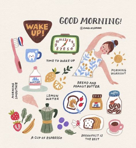 Good morning! What are your daily rituals or daily habits that bring you peace? Love this illustration of a good morning ritual routine. #morningrituals #dailyrituals #dailyroutines Vie Motivation, Mini Marshmallows, Self Care Activities, Self Improvement Tips, Cute Illustration, 그림 그리기, Morning Routine, Better Life, Happy Life