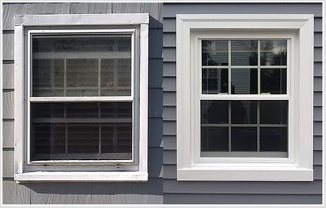 What is "wrapping windows"? Pvc Window Trim, Outdoor Window Trim, Garage Redo, Vinyl Window Trim, Window Wrap, Siding Trim, Exterior Window, Window Trim Exterior, House Trim