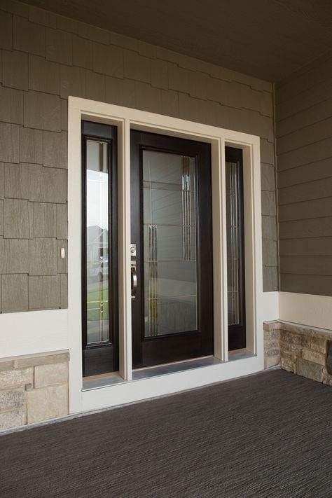 Exterior Doors | a classy entry for a classy family.  this is a full piece of calandra glass with matching sidelites for a stunning entry.  all contained in an Acclimated Entry System with continuous header, Frame Saver jamb, weather stripping and prefinished in our facility | Bayer Built Woodworks, Inc. Entryway Design Modern, Full Glass Exterior Door, Full Glass Front Door, Glass Exterior Door, Classy Family, Glass Front Entry Doors, Brown Front Doors, Craftsman Front Doors, French Front Doors