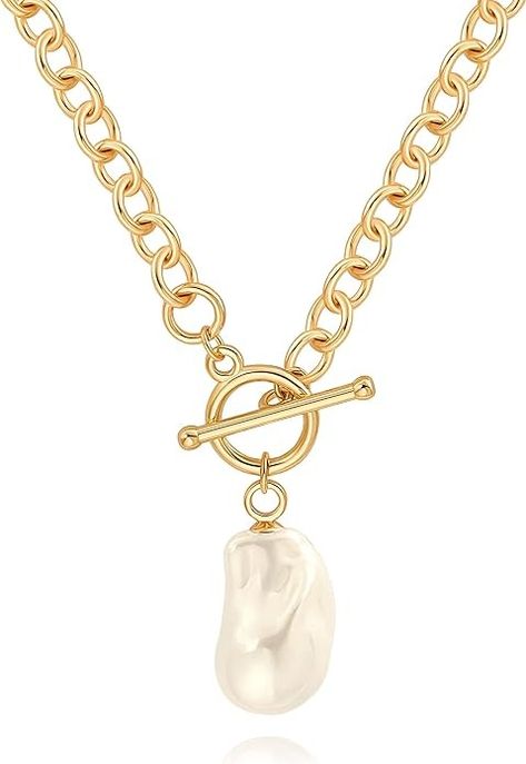 Amazon.com: PEARLADA Large Baroque Pearl Pendant Necklace, 18k Gold Chunky Chain Link Necklace for Women, Statement Necklace with Toggle Clasp : Clothing, Shoes & Jewelry Chunky Gold Necklace, Vegas Outfits, Gold Chain Link Necklace, Chunky Gold Necklaces, Baroque Pearl Pendant, Vegas Outfit, Compass Pendant, 18k Gold Chain, Pearl Pendant Necklace