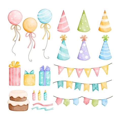 Birthday Illustration Design, Birthday Illustration Art, Snowy Beach, Birthday Elements, Cake Watercolor, Watercolor Balloons, Party Elements, Birthday Party Clipart, Illustration Birthday