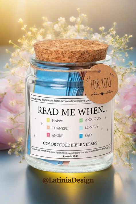 Discover solace and inspiration in our 'Read Me When' Bible Verses Jar! Filled with emotion-filled scriptures and uplifting messages, this glass prayer jar is perfect for moments when you need a reminder of faith and hope. Each verse comes with a coloring Bible verse card, making it a thoughtful gift for loved ones or a meaningful addition to your own spiritual journey. Get yours today and let the words of Scripture soothe your soul. #ChristianGifts #FaithJourney 🙏✨ Jar Of Messages Ideas, How To Make Bible Verse Jar, Bible Verse Ideas Crafts, Jar Cards Ideas, Read Me When Jar Ideas, Mason Jar Notes Messages Cute Ideas, Scripture Box Ideas, Scripture Jar Ideas, Affirmations Jar Ideas