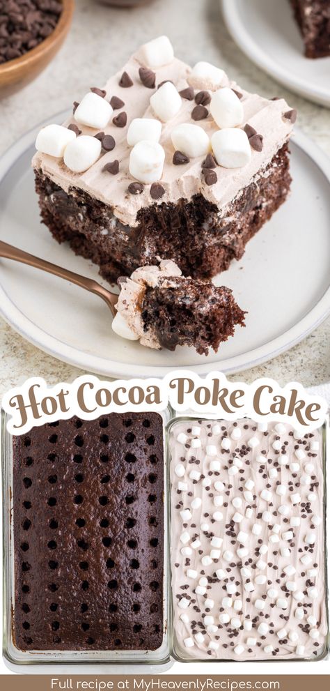 Hot chocolate poke cake recipe for winter or christmas time. Christmas poke cake hot cocoa poke cake recipe. Easy chocolate cake to make with marshmallows and chocolate chips. Best hot cocoa cake to eat at parties or potlucks! crowd poke cake Chocolate Dessert For Potluck, Hot Cocoa Poke Cake Recipe, Chocolate Mint Poke Cake Recipe, Dump Cake Recipes Christmas, Dirt Cake Christmas, Hot Cocoa Pie Recipe, Poke Cake Christmas, Chocolate Peppermint Poke Cake, Easy Dessert Casserole