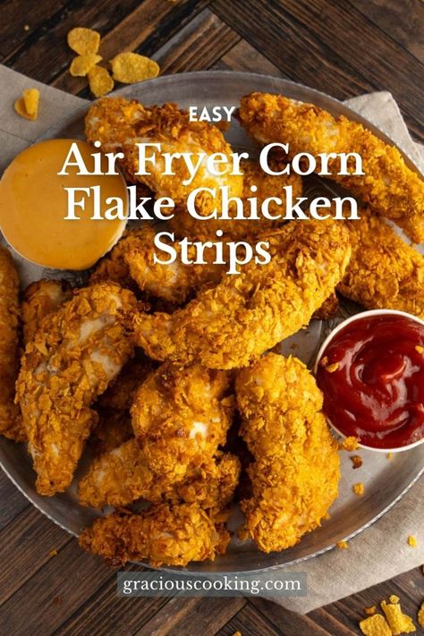 30 Minute Air Fryer Corn Flake Chicken Strips - Air Fryer Corn Flake Chicken, Corn Flake Chicken, Homemade Chicken Strips, Air Fried Chicken Tenders, Air Fryer Corn, Cornflake Chicken, Homemade Chicken Tenders, Chicken Strip Recipes, Air Fryer Fried Chicken