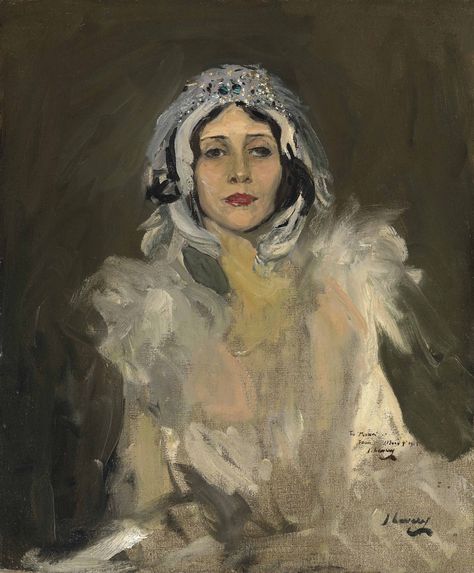 Sir John Lavery, R.A., R.S.A., R.H.A. (1856-1941) Anna Pavlova as The Swan (Study) signed twice and dedicated 'To 'MONA'/FROM J. Lavery 11 July 1918/J Lavery' (lower right), signed again, inscribed and dated 'ANNA PAVLOVA/AS THE SWAN. (STUDY)/BY/JOHN LAVERY/5 CROMWELL PL./LONDON/1911' (on the reverse) oil on canvas 30 x 25 in. (76.2 x 63.5 cm.) Painted in 1911. John Lavery, Irish Painters, Giovanni Boldini, Ballet Russe, Anna Pavlova, Russian Ballet, Glasgow School Of Art, John Singer Sargent, Scottish Art