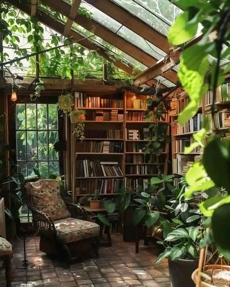 Botanical Academia Aesthetic, Green House Office Design, Goblincore Library, Dark Academia Greenhouse, Green House Library, Cottage Library Aesthetic, Greenhouse Interiors Inspiration, Greenhouse Art Studio, Greenhouse Cozy