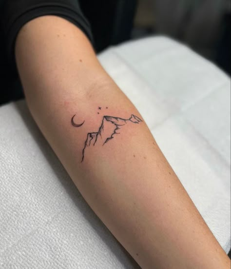 Woman Mountain Tattoo, Moon Star Mountain Tattoo, Pretty Mountain Tattoos, Mountain And Constellation Tattoo, Glacier National Park Mountain Tattoo, Matching Mountain Tattoos For Best Friends, Simple Camping Tattoo For Women, Mountain With 3 Stars Tattoo, Wyoming Mountain Tattoo