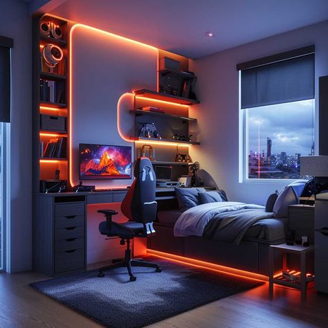 Boy Bedroom Led Lights, Decorating Boys Bedroom Ideas, Boys Led Bedroom Ideas, Gamer Bedroom Boys, Gamer Boy Bedroom, Teen Boy Gamer Bedroom, Small Gamer Bedroom, Small Gaming Bedroom, Gamers Bedroom