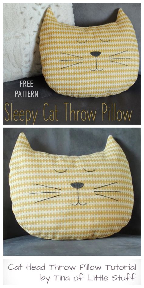 DIY Cat Head Throw Pillow Free Sewing Patterns & Tutorials Cats Sewing Projects, Cat Head Pillow Pattern, Cat Pillows To Sew, Cat Cushion Pattern, Fabric Cat Pattern Free, Sewing Projects Pillows, Cute Pillow Sewing Patterns, Cat Pillow Sewing Pattern, Cat Pillow Pattern Free Sewing