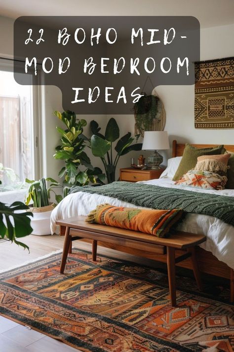 Looking to update your bedroom with a blend of bohemian and mid-century modern styles? Check out these 22 stunning ideas that perfectly marry the two aesthetics. From vibrant textiles to sleek furniture, find inspiration to transform your space. Click to explore the ultimate boho mid-mod bedroom makeover. ��🛏️✨ #BohoBedroom #MidCenturyModern #HomeDecor #InteriorDesign #BedroomInspiration Townhome Decorating Ideas Master Bedrooms, Boho Modern Bedding, Modern Boho Bedroom Furniture, Malm Oak Bedroom Ideas, Primary Suite Design, Cozy Modern Boho Bedroom, Bohemian Guest Room, Mid Century Modern Dark Bedroom, Lively Bedroom Ideas